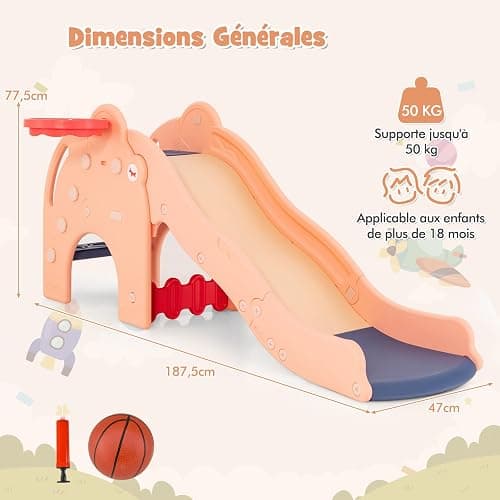 COSTWAY 4 en 1 Toboggan Enfant en Forme Éléphant avec Panier de Basketball, Toboggan Extérieur Intérieur en HDPE avec Ballon, Aire de Jeux pour Glisser & Grimper, Charge 50kg pour 18 Mois+(Rose) thumbnail 3