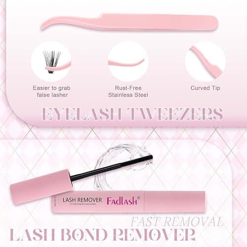 FADLASH Lash Extension DIY Kit Lash Clusters D Curl Cluster Lashes with Lash Bond and Seal Cluster Lashes Glue Remover Lash Tweezers for DIY Eyelash Extension at Home（Kit 40D+50D-0.07D-12-18MIX） thumbnail 5