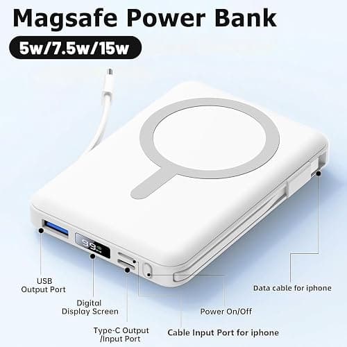 Azmuth for Magsafe Power Bank, 10000mAh Magnetic Battery Pack 20W | Portable Charger 20W PD Fast Charging with USB-C Cables, LED Display with Stand for iPhone 17/16/15/14/13/12 Series (White) thumbnail 2