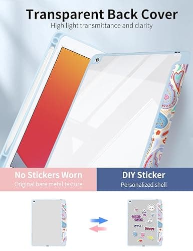 Rvciby Case for iPad 9th/ 8th/ 7th Generation Case 10.2 Inch (2021/2020/2019 Release), Slim Lightweight Soft Trifold Clear Back Transparent Cover with Pencil Holder & Auto Sleep/Wake Cover,Paisley thumbnail 2