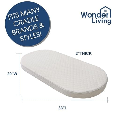 Wonder Living Baby Bassinet Mattress, Breathable, Premium Foam, Hypoallergenic, Non-Toxic, Oval Shaped with Removal Waterproof Cover, 20" x 33" x 2'' thumbnail 3