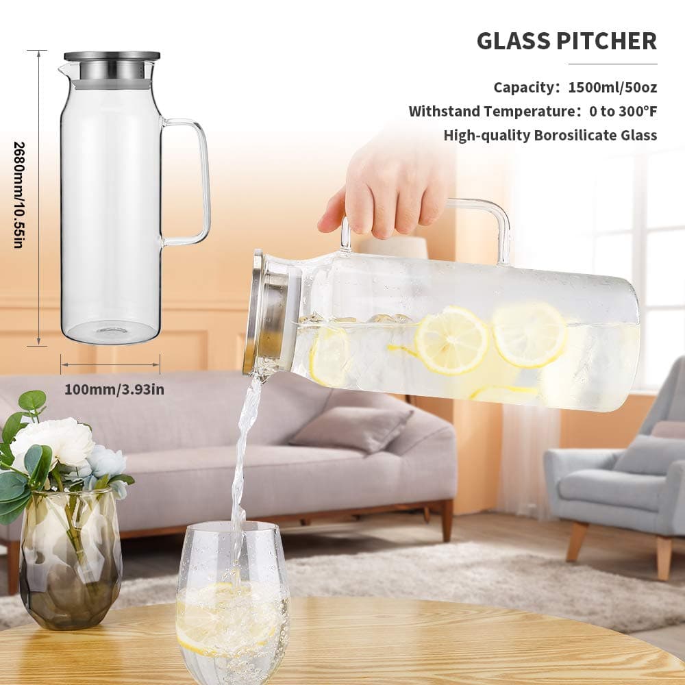 BOTTLE BOTTLE Jarra de vidro com tampa e alça de 1500 ml para chá gelado e suco caseiro, garrafa de vidro borossilicato resistente ao calor para água quente/fria thumbnail 5