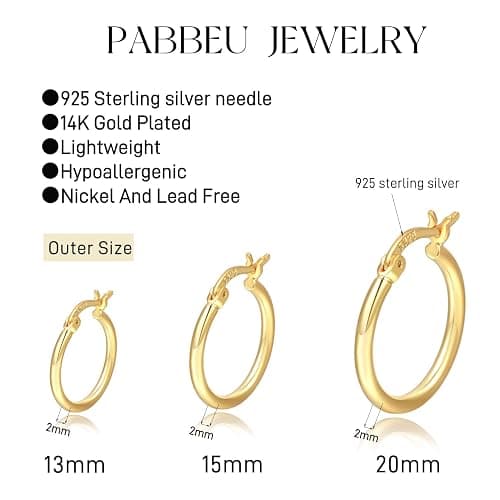 Gold Hoop Earrings for Women Sterling Silver Post Small Gold Hoop Earrings 14k Real Gold Tiny Hypoallergenic Small Hoop Earrings Set for Women Men Girls 13/15 /20mm PABBEU thumbnail 2