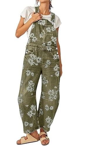 loveimgs Women Floral Print Denim Overalls Baggy Barrel Jeans Patchwork Denim Pants Y2k Straps Wide Leg Jumpsuit One Piece - Image 1