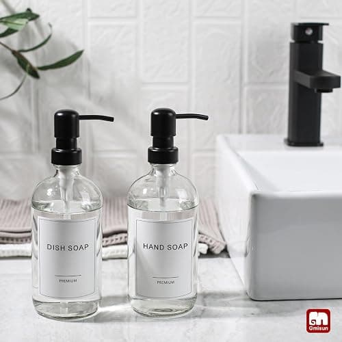 GMISUN Glass Soap Dispenser with Pump, 2 Pack Clear Bathroom Hand Soap Dispenser with Stainless Steel Pump, 16 Oz Refillable Kitchen Hand and Dish Soap Dispensers Set, Modern Liquid Pump Bottles thumbnail 2