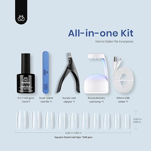 Beetles Gel Nail Kit Easy Nail Extension Set, 240pcs Soft Short Square Nail Tips with 5-in-1 Nail Glue Base Gel and Led Lamp Acrylic Nail Tips Fake Nails Art Home Gelly Tips Beauty Gift Set thumbnail 8