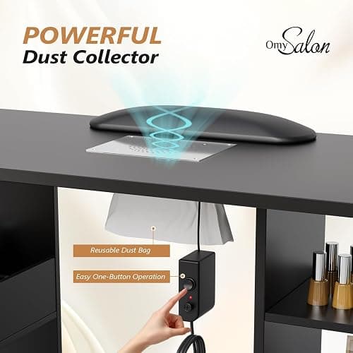OmySalon L-Shaped Black Nail Desk Manicure Table 42.5 x 33.5 x 42.5 in | Rotatable, with Dust Collector Arm Rest, Divided Cart, Storage Shelf, Acetone Resistant MDF Board, Easy Clean, for Small Room thumbnail 4