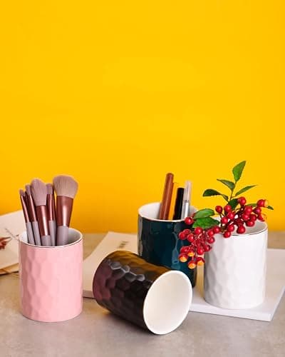 WHJY Ceramic White Pencil Cup, Makeup brushes Holder, Gold Pen Holder for Desk Cute Small Boho Brush Holder, Modern Geometry Design Pen Holder thumbnail 7