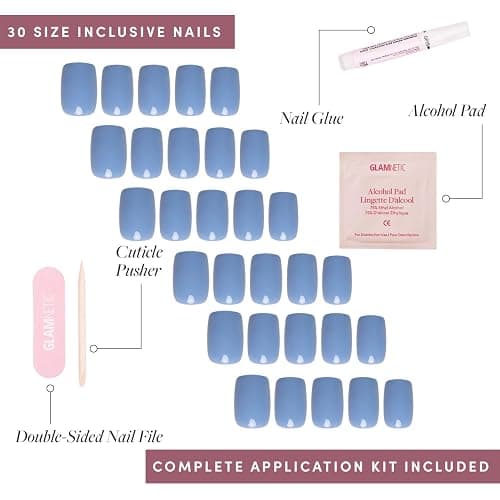 Glamnetic Press On Nails - Cashmere Blue | Opaque Soft Pale Sky Blue Short Squoval Fake Nails, Salon Quality | 15 Sizes - 30 Nail Kit thumbnail 4