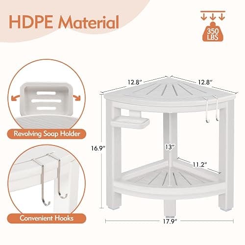 LOENIY 2-Tier Corner Shower Stool with Hooks & Soap Dish, HDPE Shower Bench for Shaving Legs, Wood-Like Shower Stool for Inside Shower with Non-Slip Foot Pads, Waterproof Shower Foot Rest (White) - White thumbnail 3