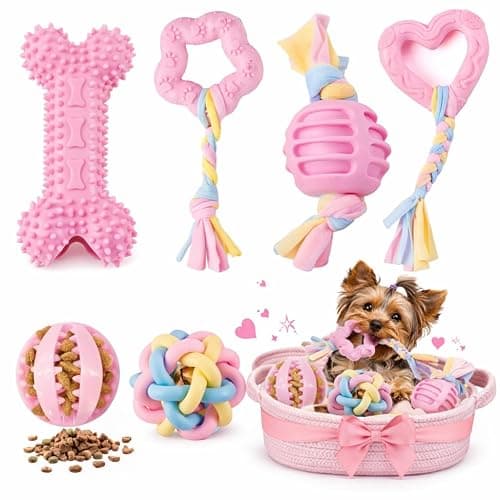 Puppy Chew Toys, 6 Pack Puppy Teething Toys for Small Breed, Soft Rubber Cute Pink Dog Toys, Eco-Friendly, Teeth Cleaning Interactive for Small Dogs (Basket not Included) - Image 1