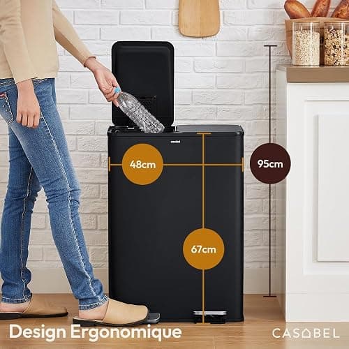 CASABEL Poubelle Cuisine Tri Sélectif 60L - 2 x 30 Litres, Double Compartiments 2x30L, Acier INOX Noir, Poubelle Recyclage Rectangulaire à Pédales, Anti Traces, Anti Odeurs, Entreprise Française thumbnail 4