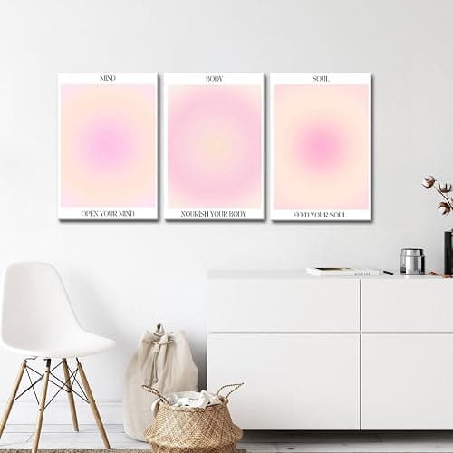 Trendy Aesthetic Canvas Wall Art Aesthetic Set of 3 | Gradient Psychedelic Aura Angel Posters Prints Room Decor | Pink Wall Art Decor for Bedroom, Living Room - Framed 16x24 Inch - 16"x24"x3 Framed - Pink thumbnail 7