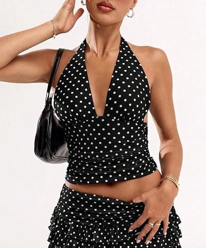 Women's Y2K Mesh Halter Top Sexy V Neck Backless Open Back Leopard Cheetah Print Polka Dot Going Out Tops for Women thumbnail 3