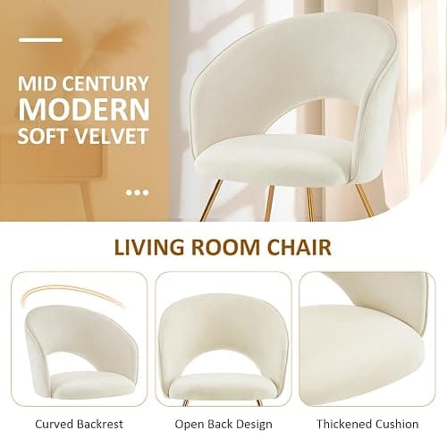 Furniliving Velvet Vanity Chair with Curved Back, Upholstered Barrel Desk Chair with Gold Legs, Mid Century Modern Accent Chair for Living Room, Dressing Room, Bedroom, Khaki thumbnail 5