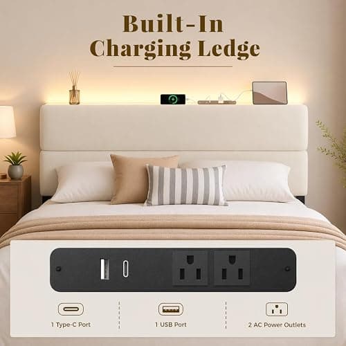 UHTN Queen Bed Frame with 2 Storage Drawers, Beige Velvet Upholstered | Platform Bed with Charging Ledge, LED Headboard Lighting, Metal Support, Noise Free, No Box Spring Needed, Easy Assembly thumbnail 3