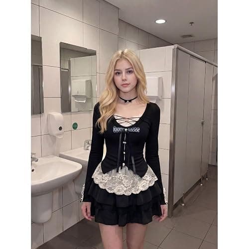 Xojbzoo Y2K retro skirt set black fake two-piece inner top and lace skirt fashionable casual set thumbnail 4
