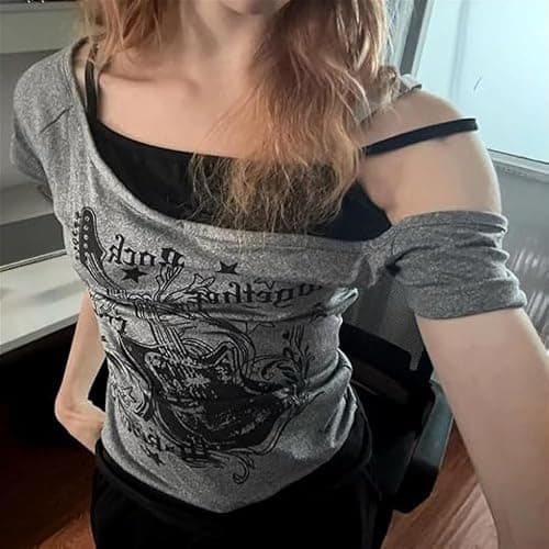 Baby Tee Y2k Women Grunge Top Emo 2000s Vintage Fake Two Piece Short Sleeve T Shirt Crop Tops Teens thumbnail 3