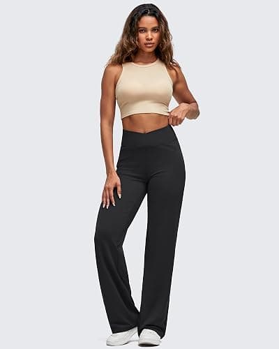 G4Free BareFeel High Stretch Women Wide Leg Yoga Pants Cross Waist Casual Trousers with Zipper Pockets 29"/31"/33" - Image 1
