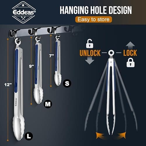 Tongs For Cooking - Heat Resistant 600 Degrees Stainless Steel Kitchen Tong, Heavy Duty Metal Locking Tongs - For Food,Salad, grilling, BBQ 7",9" & 12 inch, set of 3 Dishwasher Safe Blue thumbnail 3
