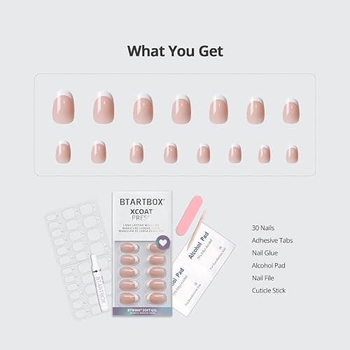 BTArtbox Press On Nails Short - Lamp-Curable Oval White French Tips Press On Nails with Glue for Women, Semi-Transparent Soft Gel Glue On Nails in 15 Sizes - 30 Stick On Nails Kit, Chic Twins thumbnail 5