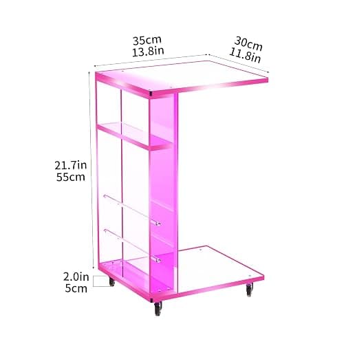 Clear Acrylic Side Table on Lockable Wheels, C Shaped End Table for Sofa, Small Coffee Tables for Small Spaces (Pink) thumbnail 3