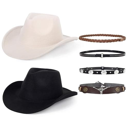 2 Pack Western Cowboy Hats for Women and Men Classic Felt Wide Brim Costume Cow Boy Hat Roll Up Brim Cowgirl Hat - Image 1