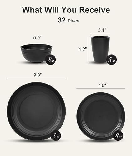 Quatish 32 Piece Plates and Bowls Sets for 8, Unbreakable Dinnerware Sets, Dish Set for Camping, Dishwasher Microwave Safe, Outdoor Kitchen and Apartment Dorm Dinning RV Essentials, Black thumbnail 3