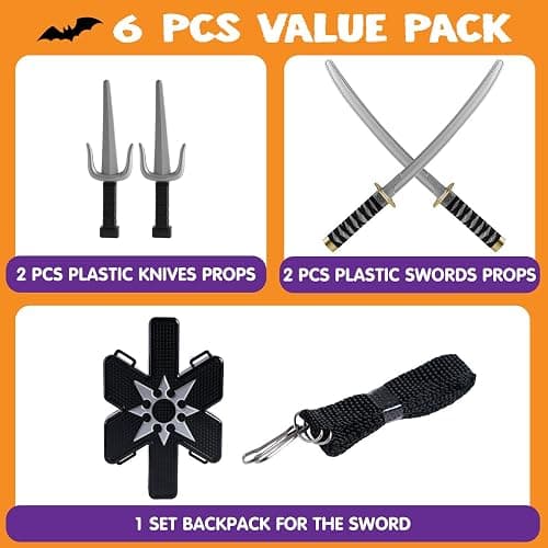 Spooktacular Creations Ninja Swords, Backpack Weapon Toy Set with Swords and Knives for Kids, Ninja Costume Accessories for Cosplay, Dress-up Party Black thumbnail 2
