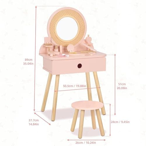 OOOK Kids Vanity Table and Chair Set, Pink Girls Vanity with 11 Pcs Accessories, Enough for Real and Pretend Makeup, Toddler Vanity for 3 Year Old and Up as Ideal Gift thumbnail 8