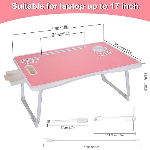 Laptop Bed Table, Laptop Desk for Bed, Foldable Laptop Bed Desk with USB Charge Port, Handle, Desktop Card Slot, Cup Slot, Side Drawer, Portable Laptop Table for Bed Eating Reading Working thumbnail 2