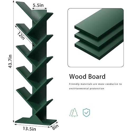 SHEEPAM 10 Tier Tree Book Shelf, Floor Standing Wood Bookshelf for Narrow Space, Storage Organizer Bookshelves for Books/CDs/Magazine, Bookcase with Shelves for Home Office, Living Room thumbnail 3