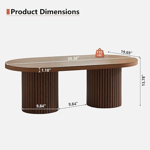 RUSTYER Oval Fluted Coffee Table, Farmhouse Wood Coffee Table Mid Century Modern Center Table Boho Living Room Tables for Living Room Office (Walnut, 19.69" D x 39.38" W x 13.78" H) - Walnut - 19.69"D x 39.38"W x 13.78"H thumbnail 2