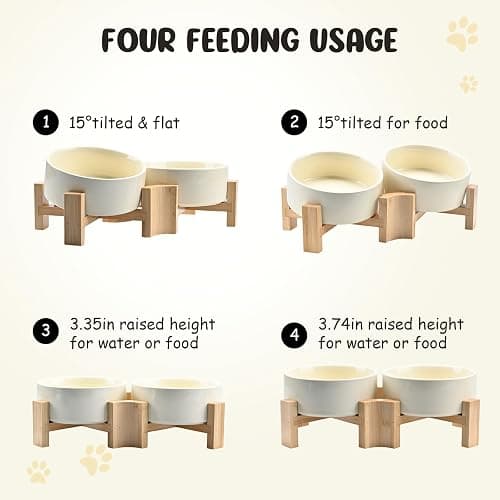 SPUNKYJUNKY 15° Slanted Ceramic Dog Bowl with Elevated Bamboo Stand - Tilted Pet Feeder for French Bulldog Pugs No Slip Anti-Vomiting for Cat Small Dog Flat Face Pets 13.5 OZ (1.7 Cups, Beige × 2) thumbnail 4