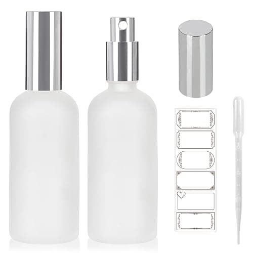 AuroTrends 3.4oz Frosted Glass Spray Bottles 2Pack, Empty Perfume Spray Bottles for Face Body Travel, Refillable Fine Mist Atomizer with Silver Caps, Plastic Dropper and Stickers Included - Image 1