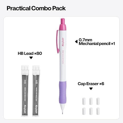 Kasimir Auto-Lead Mechanical Pencil - One-Click Continuous Refill Advance, Break-Resistant Metal Barrel for Writing Drawing Painting Sketching, 0.7mm with Erasers and Leads - Pink&Purple thumbnail 5