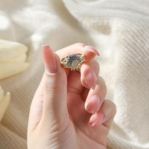UNE DOUCE Celestial Sun and Moon Ring Set, Sparkling Sun Ring/Blue Moon Ring with 14k Gold/Silver Plating, Friendship Promise Ring, Stackable Celestial Rings, Gift for Women thumbnail 2