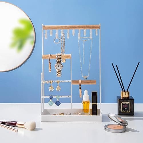 ProCase Jewelry Stand Holder Organizer, 4-Tier Necklace Holder with Ring Tray, 10 Hooks Necklaces Hanging Small Jewelry Display Storage Tower Tree for Bracelets Earrings Watches -Medium, White thumbnail 3