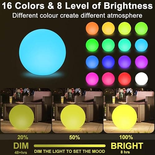16 In Cordless LED Glowing Ball Light, LED Globe Orb Night Light w/Remote,16RGB Color Changing Waterproof Light Up Ball Rechargeable Indoor/Outdoor Mood Lamp for Nursery Garden Patio Party Bar Decor. | BALMOST RGB Color Changing Light Up Ball w/Remote, Rechargeable Orb Lamp Waterproof Globe Floor Lamp for Bedroom Garden Patio thumbnail 8