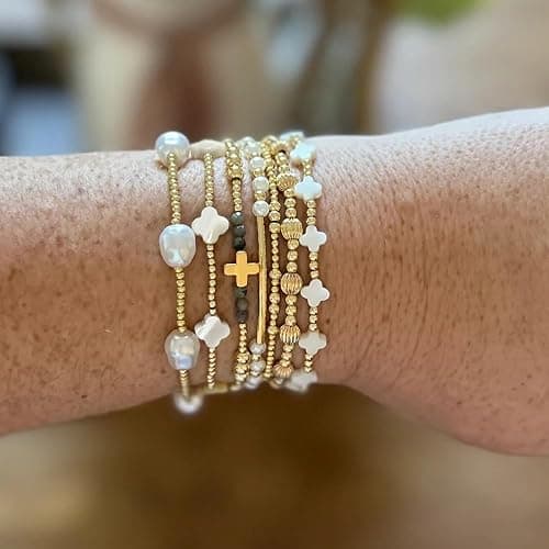 Dainty Cross Clover Gold Beaded Pearl Bracelet Stack for Women,Handmade Boho Gold Plated Beads Stretch Stackable Bracelets Fashion Birthday Prom Jewelry Accessories Gift Friendship thumbnail 2