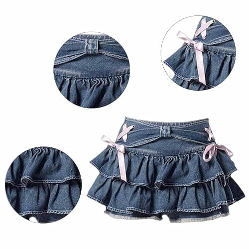 Women's Bow Low Waist Retro Pleated Skirt with Adjustable Waist A-line mini Denim Skirt Y2K thumbnail 5