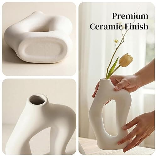 Dowan White Vases for Decor,Hollow Ceramic Vase Set of 2,8.3" Nordic Modern Boho ins Style Decorative Ceramic Aesthetic Flower Vase for Home Decor Modern Minimalist Table, Entryway Centerpieces thumbnail 3