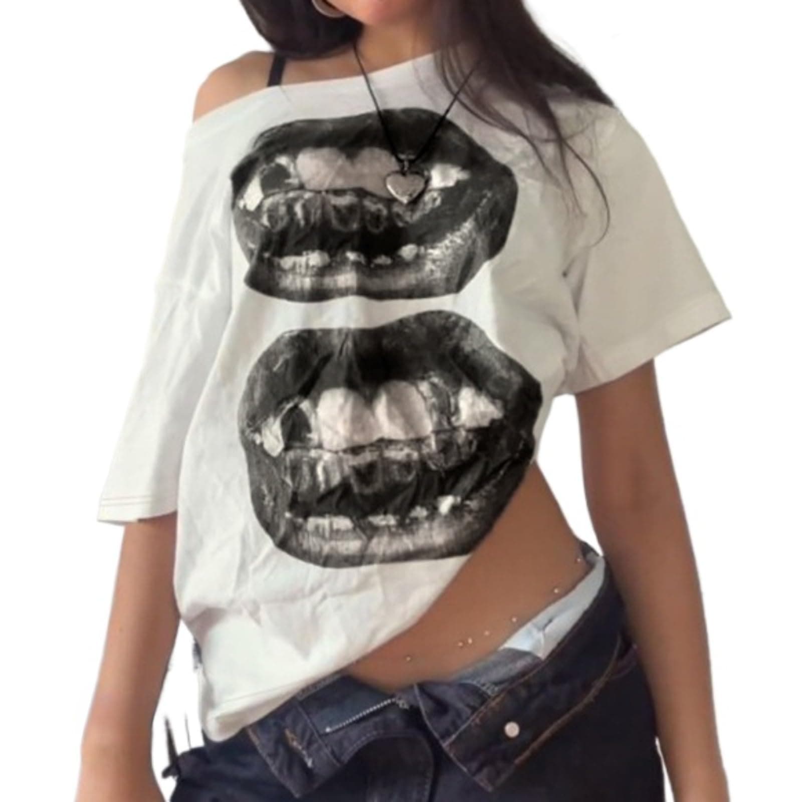 Off The Shoulder Cute Shirts for Women Oversized Tshirt Y2k Graphic Tee Lips Print Baggy Shirts Vintage Tops - Image 1