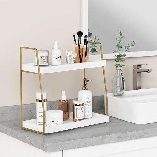 Forbena Bathroom Organizer Countertop, Counter Organizer for Bathroom Decor, Wooden Sink Shelf for Vanity Storage, Makeup Tray for Perfume Skincare Bedroom Kitchen Corner (2 Tier, White and Gold) thumbnail 4