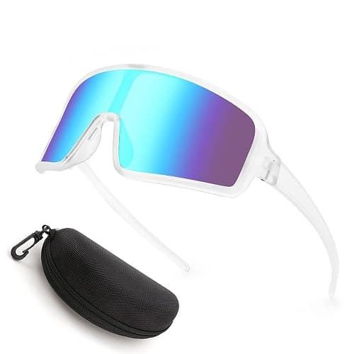 Karsaer Vision Sports Sunglasses Cycling Glasses Baseball Softball Sunglasses Unisex for Adult Youth Kids Boys Girls 8-16 - White Frame Blue Mirror Lenses - Image 1