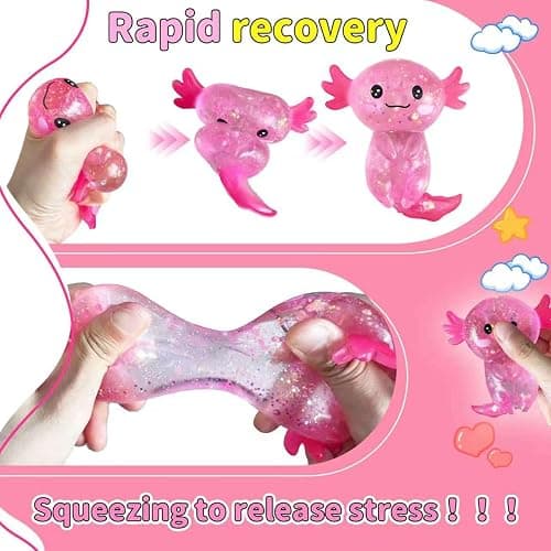 Glitter Axolotls Squishies Toy, Stretchy Axolotls Stress Ball, Soft Squeeze Sensory Fidget Toys for Kids Adults, Cute Easter Basket Stuffers Party Favors Classroom Prizes （Pink） thumbnail 7