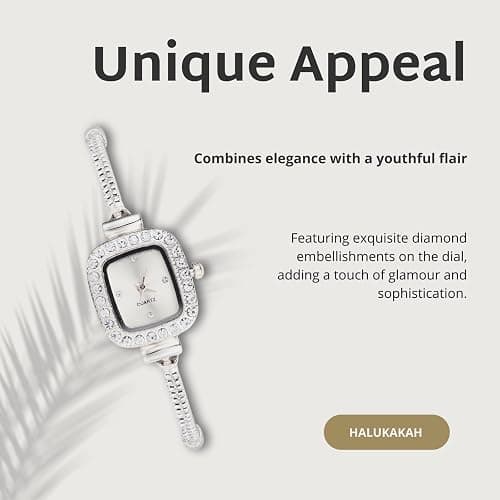 Halukakah Kids' Sparkling Diamond Watch - 18k Real Gold/Rose Gold/Platinum Plated - Multiple Colors Rectangle Dial - Quartz Adjustable Stainless Steel Wristwatch - Suitable for Boys and Girls thumbnail 5