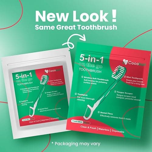 COCOBURI 5 in 1 Disposable mini Toothbrushes on The go Toothbrush Portable Travel Toothbrush（Toothpaste + Tongue Scraper + Floss + Picks Individually Wrapped Prepasted Oral Care Mint 24 Packs thumbnail 2