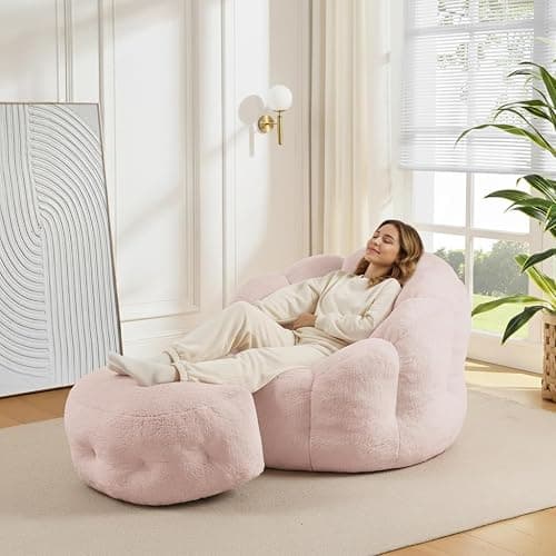 Bean Bag Chair with Ottoman, Pink Flower Bean Bag Chairs for Adults and Teens, Comfy Plush Faux Fur Reading Chair for Living Room, Bedroom, Apartment, Dorm thumbnail 8
