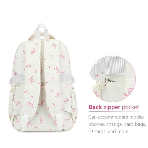 PRLINJSK Girls Backpack for College High Middle School Student, Cute Aesthetic Bookbag for Teens Women with Accessories, Beige Bow thumbnail 6
